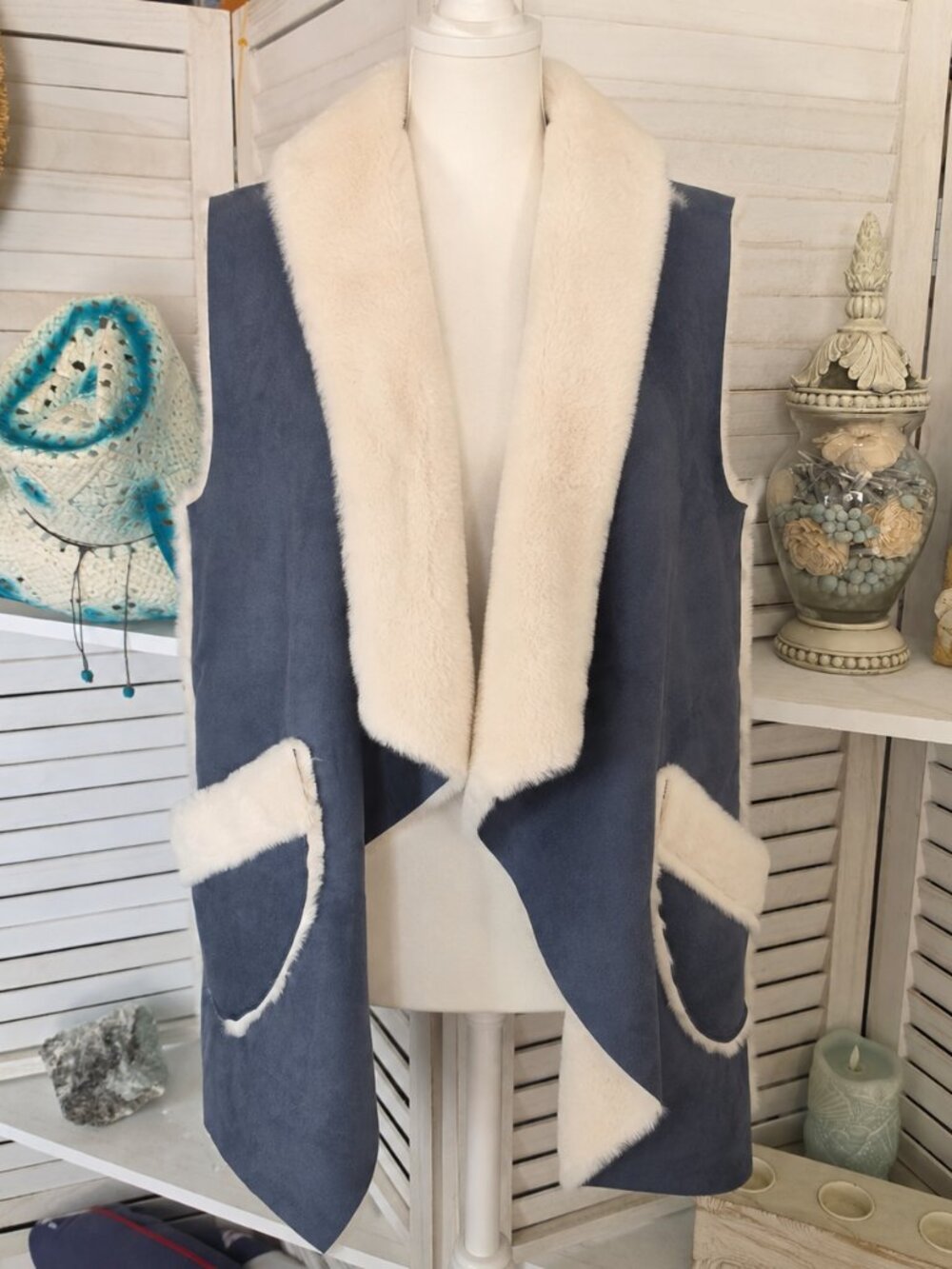 e.Luna Blue Faux Suede Shearling Vest One Size Cream Fur Waterfall